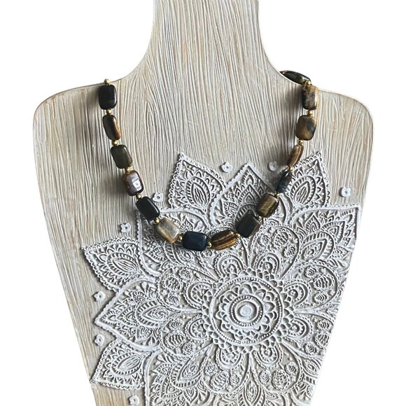 Polished Tiger’s Eye Jasper Signed Stauer Collar Statement Necklace Boho 17-19” - Picture 2 of 7